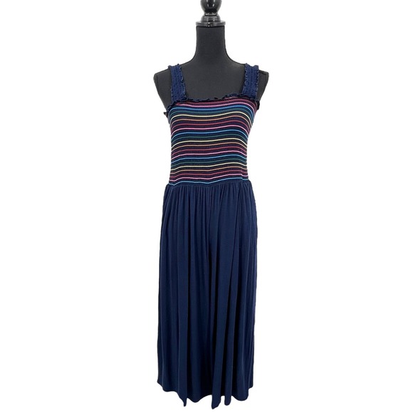 New Modcloth Navy Knit Multicolor Smocked Rainbow Jumpsuite Large - Picture 1 of 8